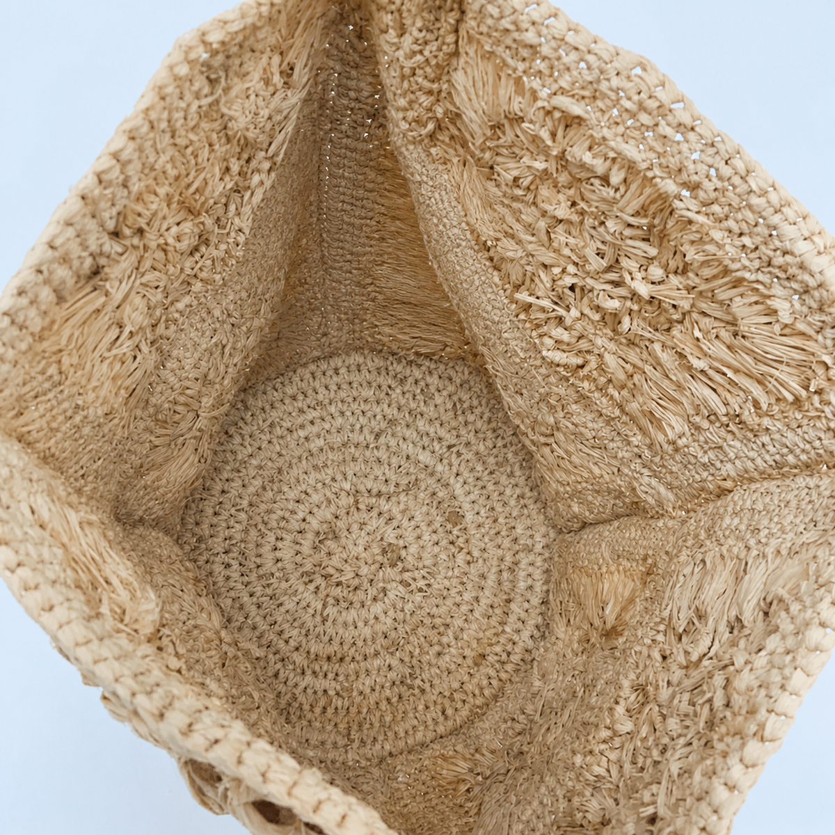 Fleur 3D Raffia Bucket Bag — interior and construction detail of Tiger Canada handwoven raffia bag