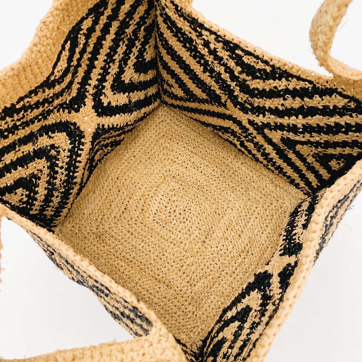 Solana Colorblock Raffia Tote — interior and construction detail of Tiger Canada handwoven raffia bag