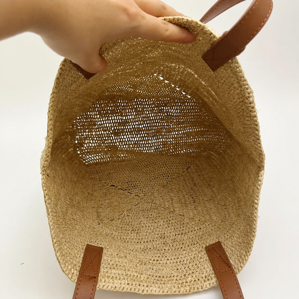 Rowan Leather-Strap Raffia Tote — interior and construction detail of Tiger Canada handwoven raffia bag
