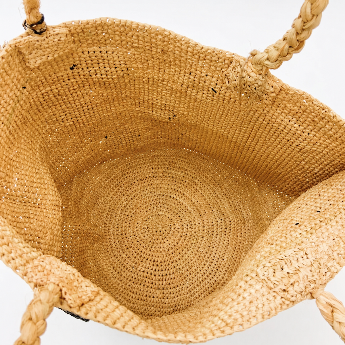 Pippa Polka-Dot Raffia Tote — interior and construction detail of Tiger Canada handwoven raffia bag