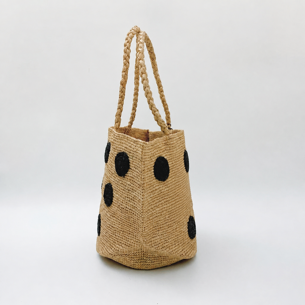 Pippa Polka-Dot Raffia Tote — side view of Tiger Canada handwoven raffia bag