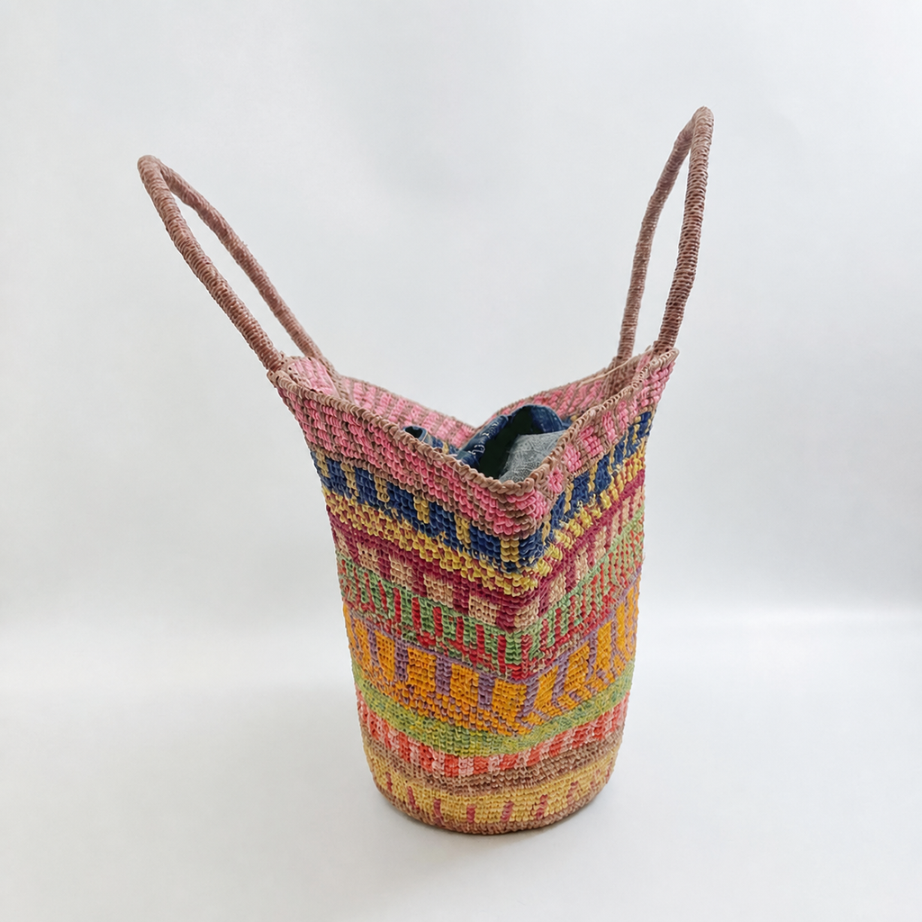 Sienna Patterned Raffia Tote — side view of Tiger Canada handwoven raffia bag