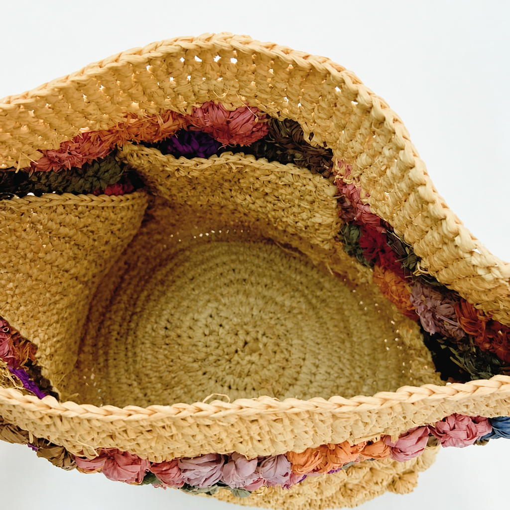Petal Crochet Raffia Bucket Bag — interior and construction detail of Tiger Canada handwoven raffia bag
