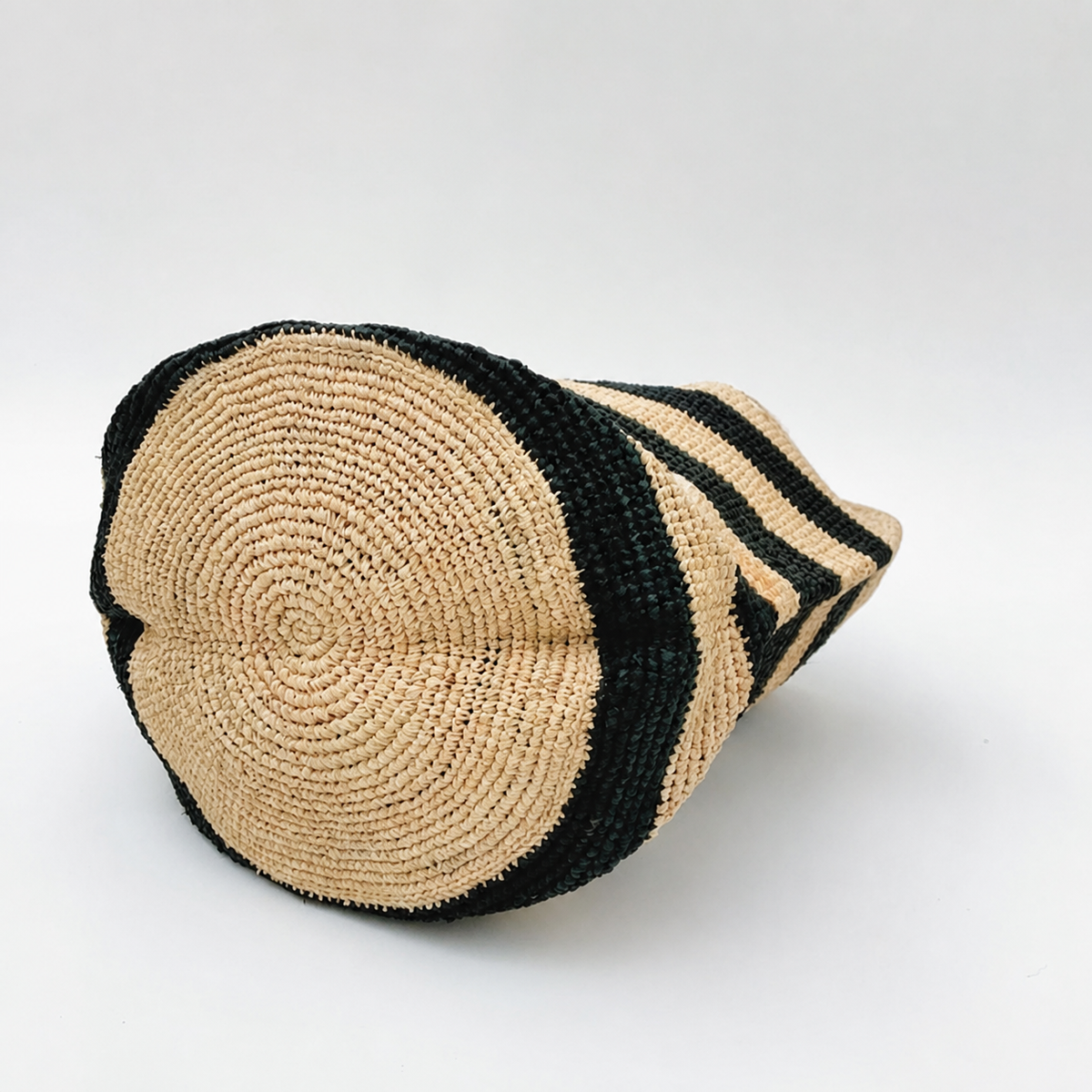 Ribbon Striped Raffia Tote — interior and construction detail of Tiger Canada handwoven raffia bag