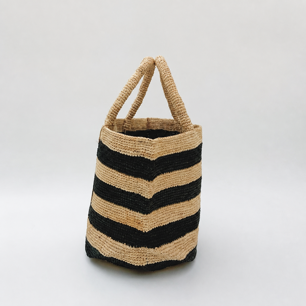 Ribbon Striped Raffia Tote — side view of Tiger Canada handwoven raffia bag