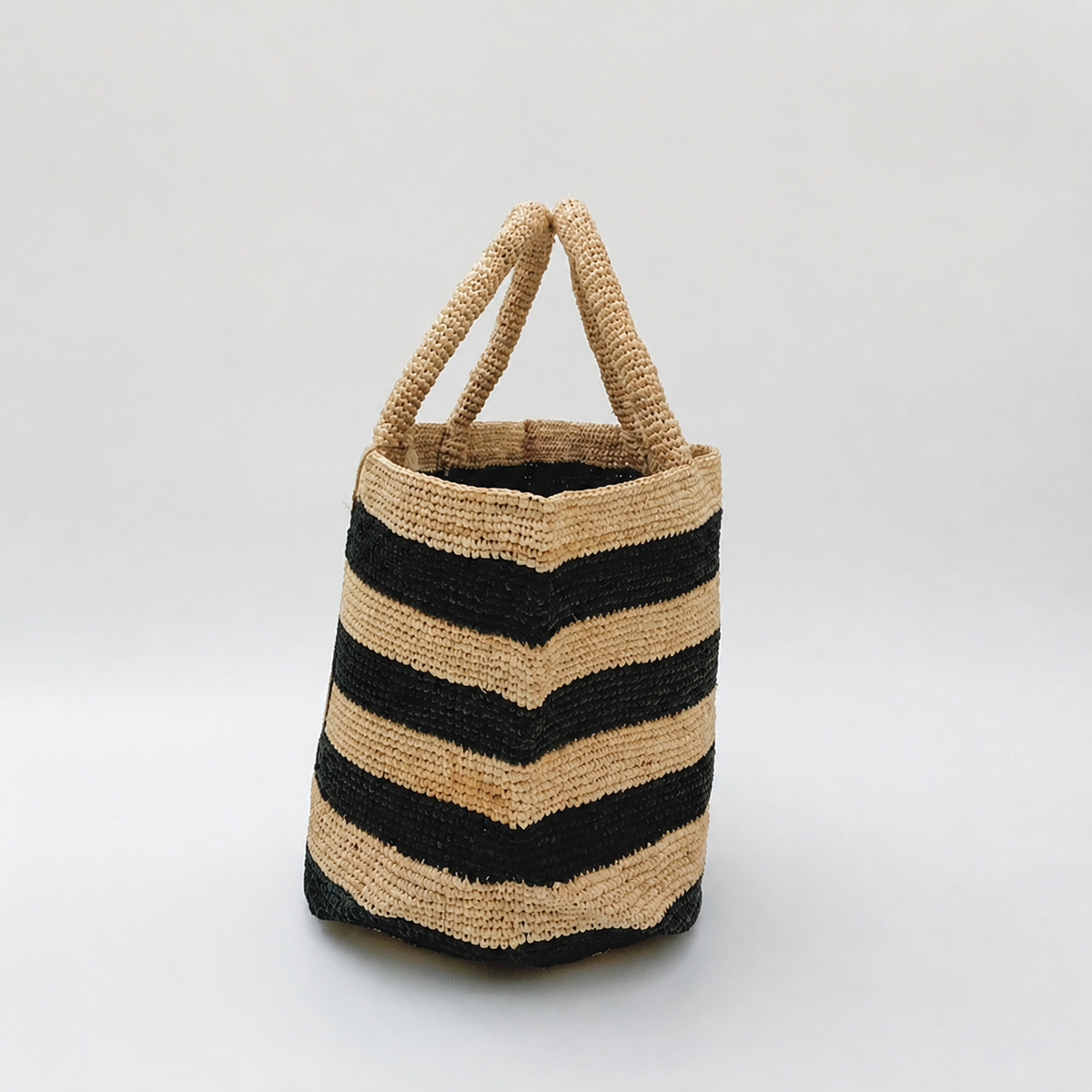 Ribbon Striped Raffia Tote — side view of Tiger Canada handwoven raffia bag