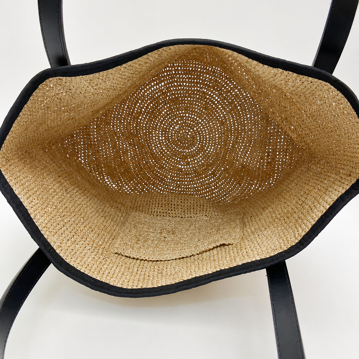 Shoreline Large Raffia Tote — interior and construction detail of Tiger Canada handwoven raffia bag