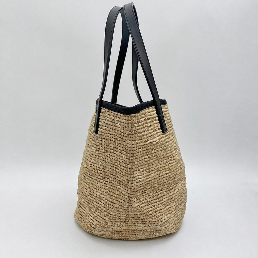 Shoreline Large Raffia Tote — side view of Tiger Canada handwoven raffia bag