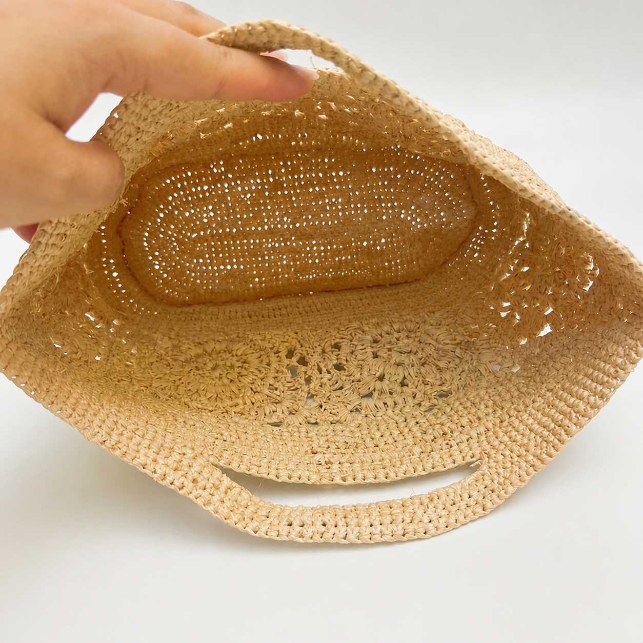 Lattice Mini Hollow-Weave Bag — interior and construction detail of Tiger Canada handwoven raffia bag
