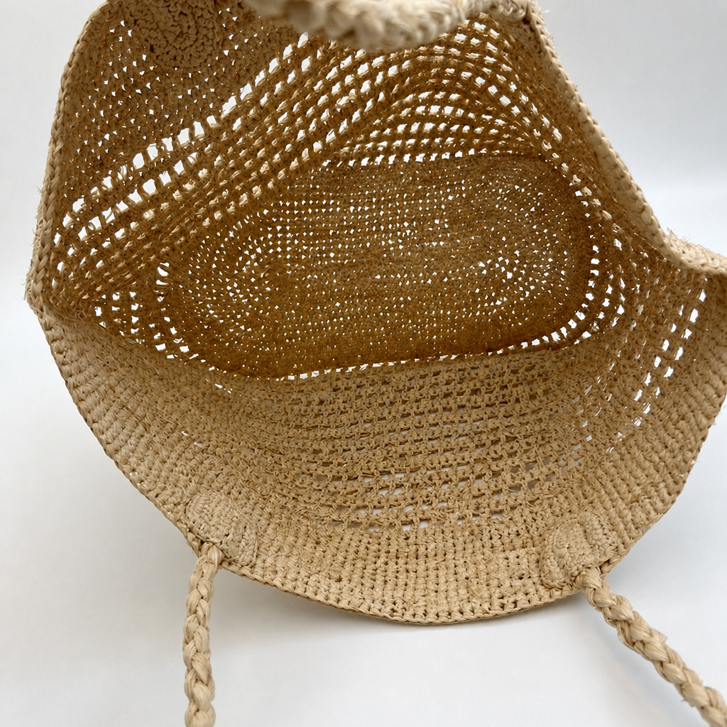 Airlight Hollow Raffia Tote — interior and construction detail of Tiger Canada handwoven raffia bag