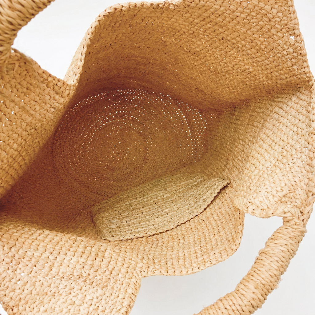 Elara Raffia Shoulder Tote — interior and construction detail of Tiger Canada handwoven raffia bag