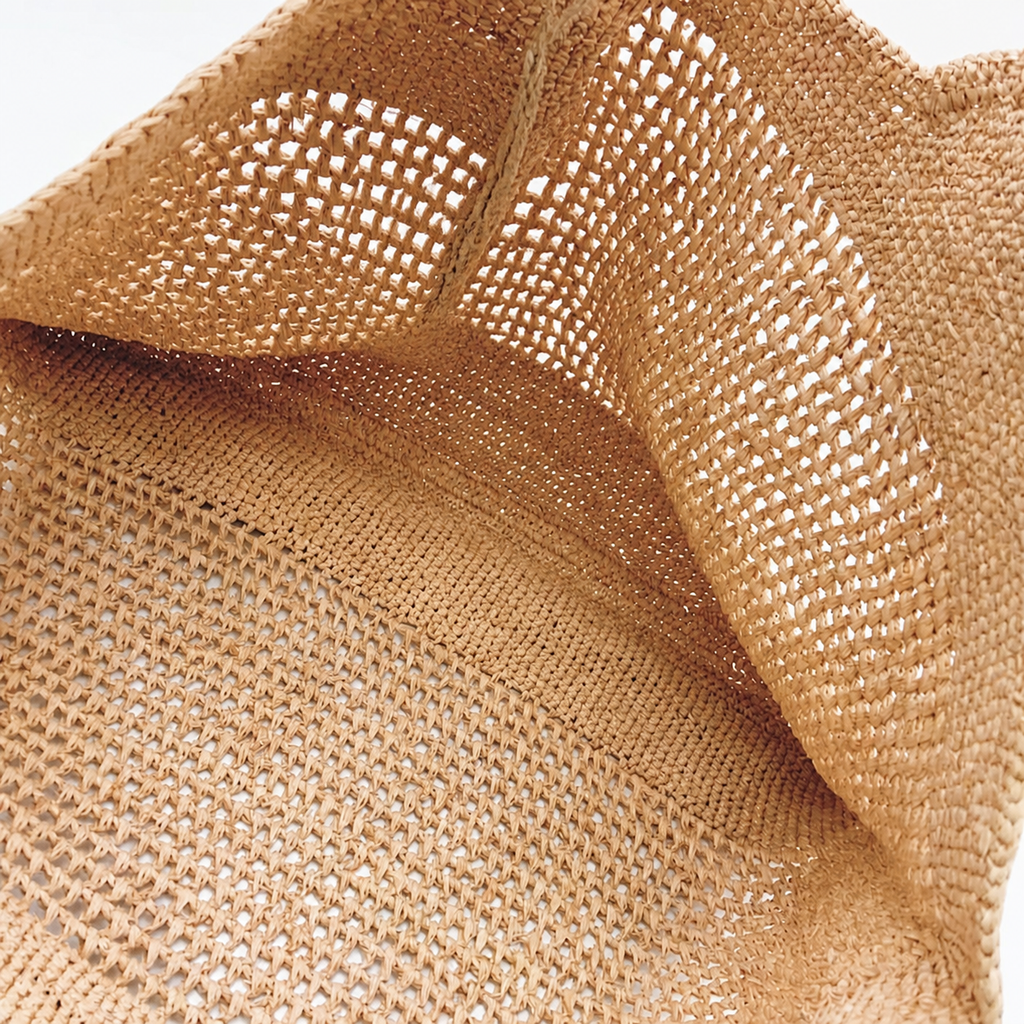 Riviera Boho Raffia Tote — interior and construction detail of Tiger Canada handwoven raffia bag