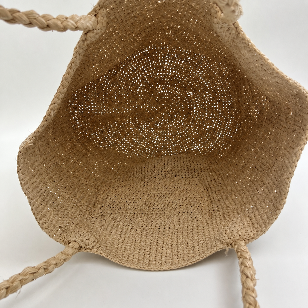 Moira Minimalist Raffia Bucket Bag — interior and construction detail of Tiger Canada handwoven raffia bag