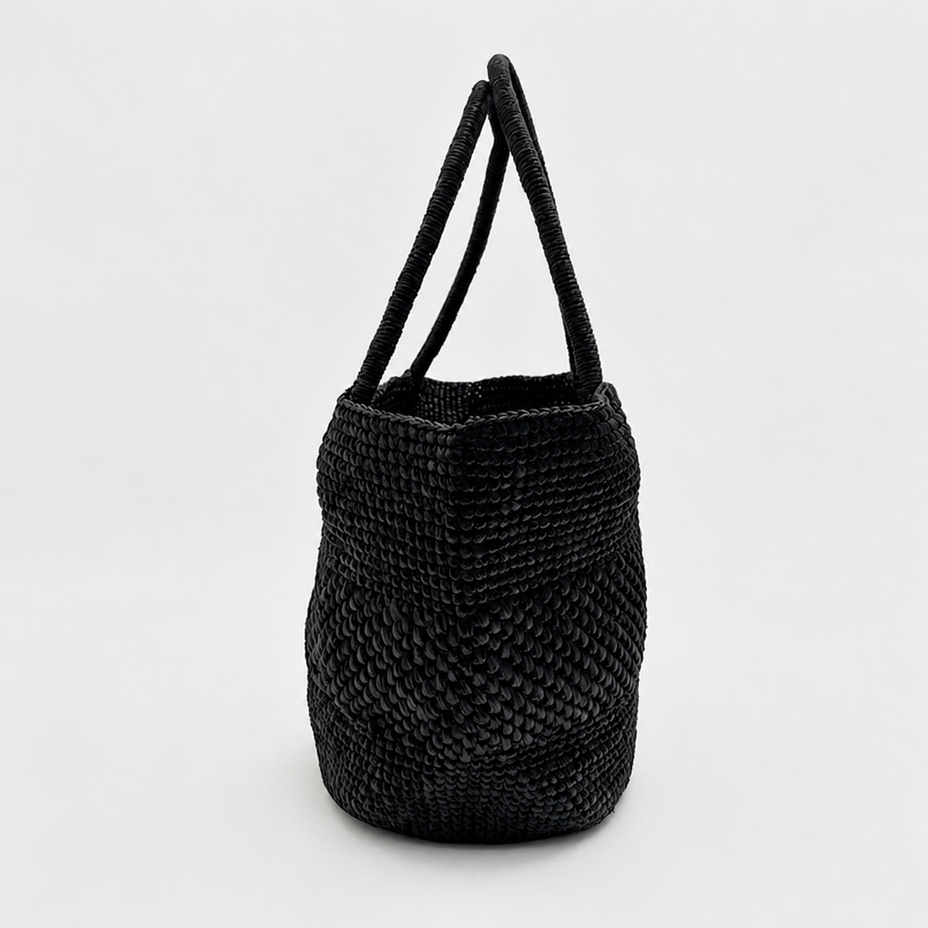 Luna Slouchy Crochet Raffia Tote — side view of Tiger Canada handwoven raffia bag