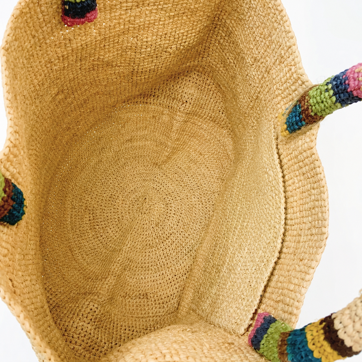 Prism Colorblock Raffia Tote — interior and construction detail of Tiger Canada handwoven raffia bag
