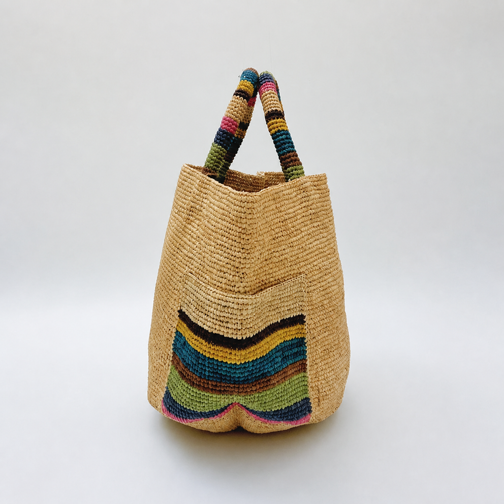 Prism Colorblock Raffia Tote — side view of Tiger Canada handwoven raffia bag