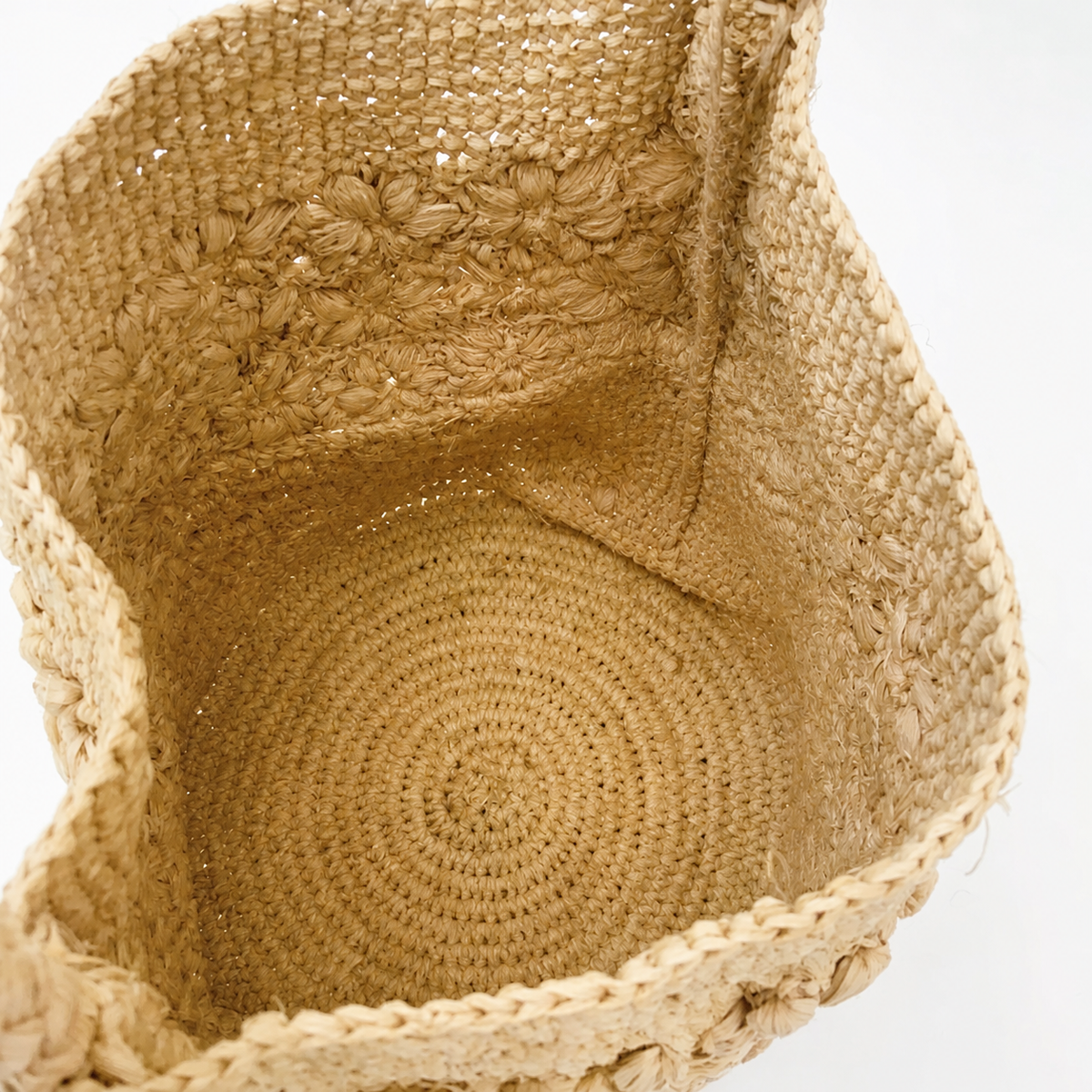 Bloom Crochet Raffia Bucket Bag — interior and construction detail of Tiger Canada handwoven raffia bag