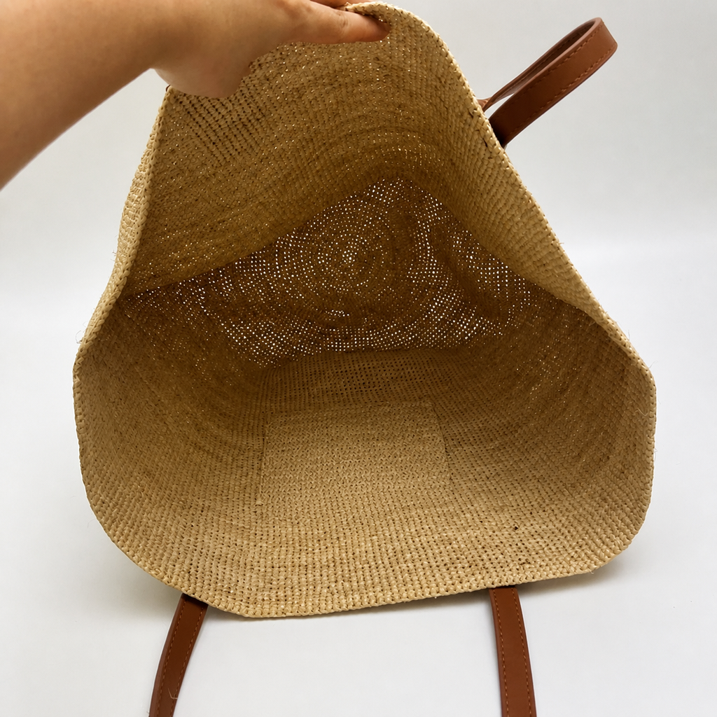 Atlas Large Commuter Raffia Tote — interior and construction detail of Tiger Canada handwoven raffia bag
